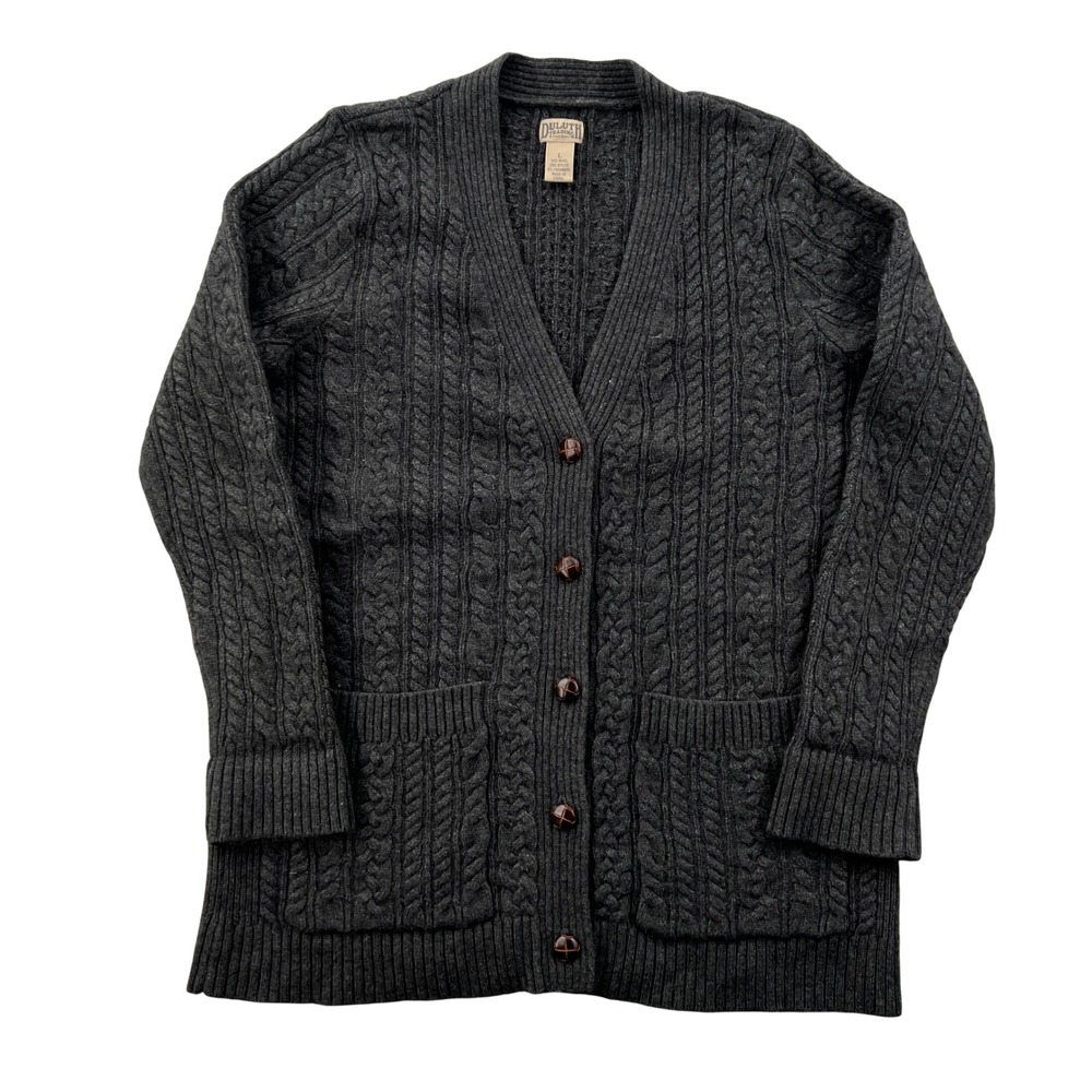Duluth Fisherman Long Cardigan Womens L Charcoal Gray Wool Cashmere Cable Knit